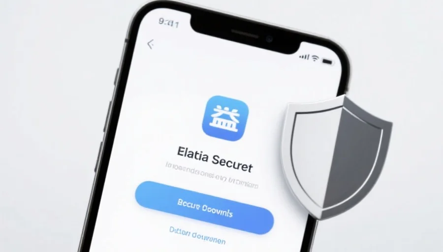 一部现代智能手机屏幕上显示杏宇应用的安全下载界面，旁边有安全盾牌图标，背景简洁