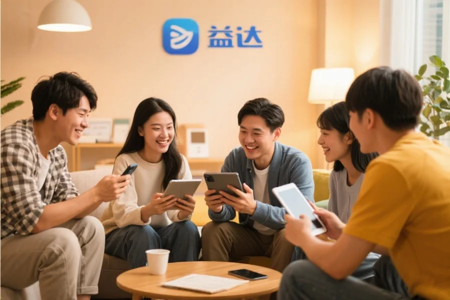 一群年轻用户围坐在一起，使用平板和手机愉快地交流，背景温馨现代，象征杏宇应用的社区活跃氛围